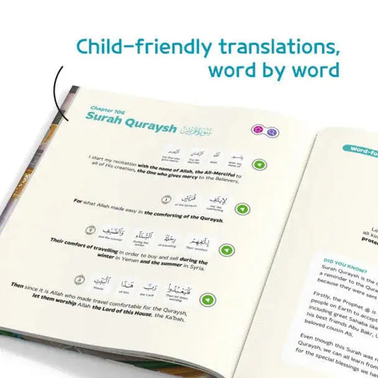 Kindvriendelijke quran vertaalboek my first surah book met tweetekst arabisch en engels en kleurrijke pictogrammen