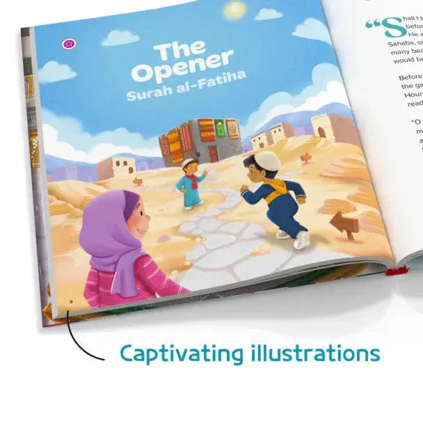 Open het boek my first surah book met kleurrijke illustraties van kinderen in een woestijn onder een blauwe lucht