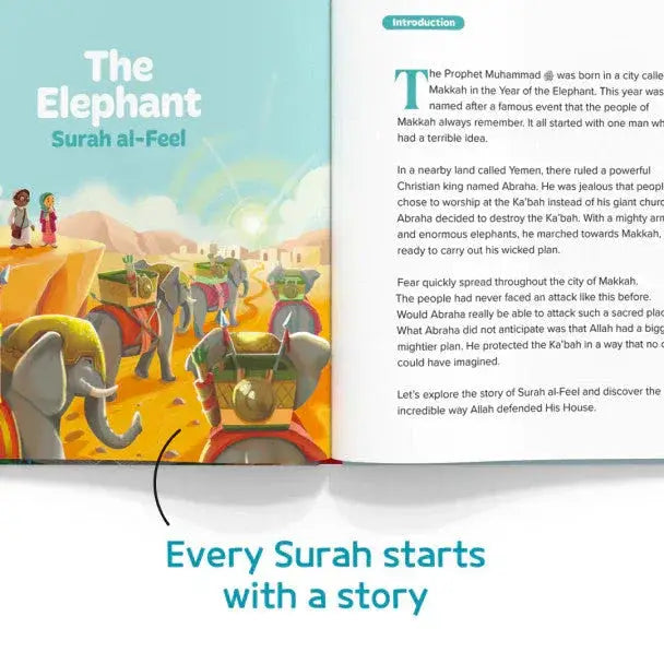 Open boek my first surah book met kleurrijke illustraties van olifanten en tekst uit surah al-feel voor kinderbegrip