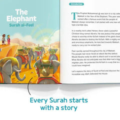 Open boek my first surah book met kleurrijke illustraties van olifanten en tekst uit surah al-feel voor kinderbegrip