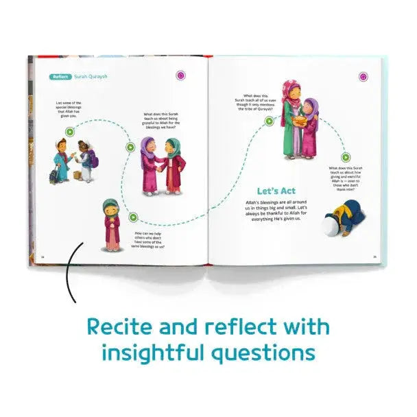 Open children’s quran activity book my first surah book with colorful illustrations and interactive questions