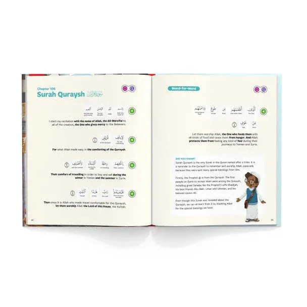 Open book titled my first surah book featuring surah quraysh bilingual english arabic with illustrated cartoon pages