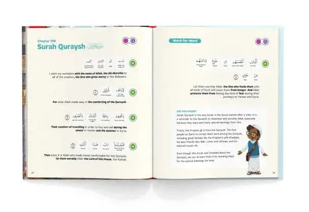 Open book titled my first surah book featuring surah quraysh bilingual english arabic with illustrated cartoon pages
