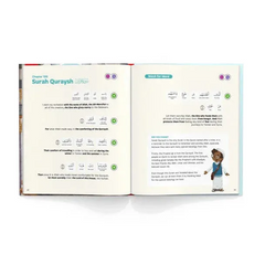 Open book titled my first surah book featuring surah quraysh bilingual english arabic with illustrated cartoon pages
