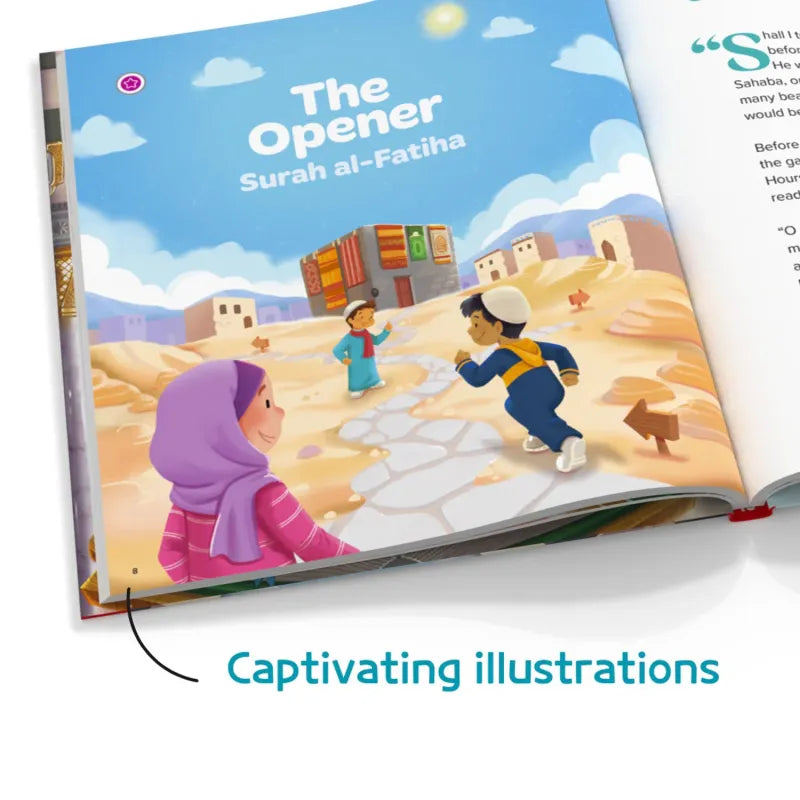 Blauw kinderboek Mijn Eerste Soera Boek met levendige woestijnillustraties en begrip van de Koran