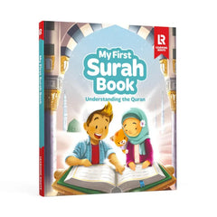 My first surah book is a colorful children’s educational book with cartoon kids and a cat reading under an archway