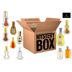 Mystery box parfum budget met diverse parfums in een aantrekkelijke mystery box