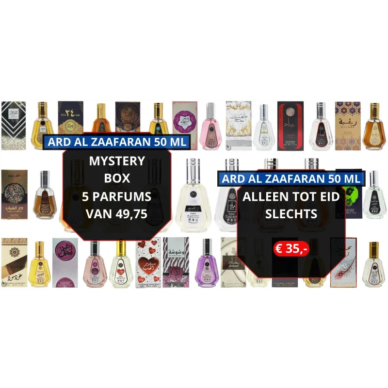 Assortiment van 50ml flessen ard zaafaran parfum in Mysterybox voor normale prijs