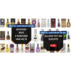 Assortiment van 50ml flessen ard zaafaran parfum in Mysterybox voor normale prijs