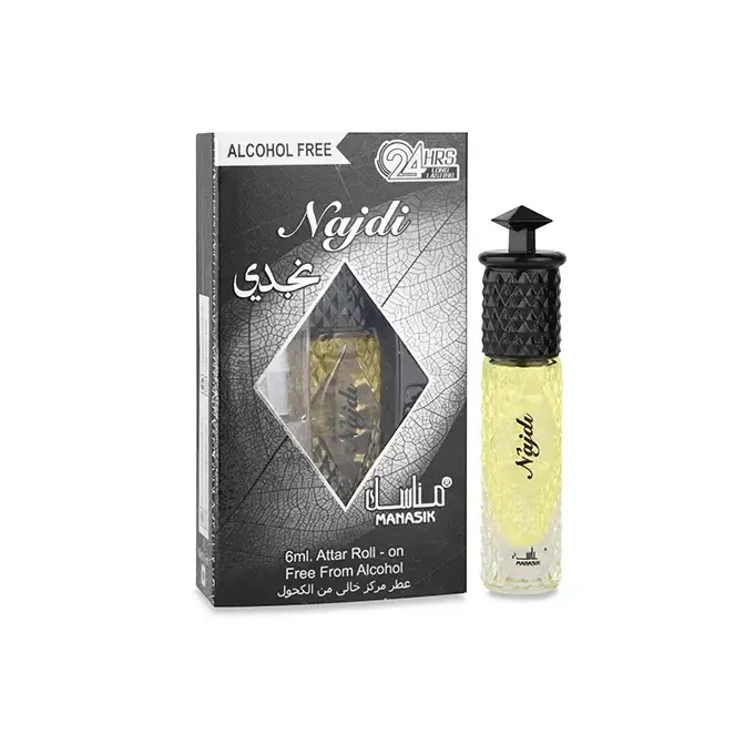 Alcoholvrije Najdi Manasik parfum roll-on in decoratieve glazen flacon met zwartdeksel