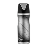 Zwarte en zilveren aerosol deodorant met bladontwerp en arabische najd tekst in product najdia deodorant