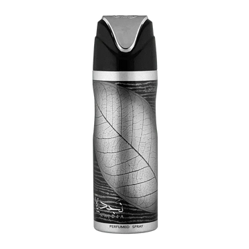 Zwarte en zilveren aerosol deodorant met bladontwerp en arabische najd tekst in product najdia deodorant