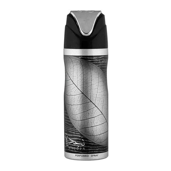 Zwarte en zilveren aerosol deodorant met bladontwerp en arabische najd tekst in product najdia deodorant
