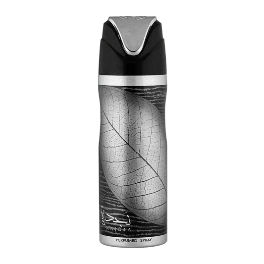 Zwarte en zilveren aerosol deodorant met bladontwerp en arabische najd tekst in product najdia deodorant