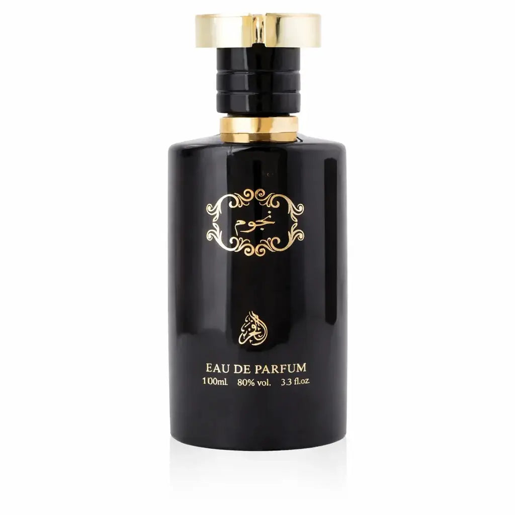 Najoom edp zwarte glazen parfumfles met gouden accenten en sierlijke arabische letters op het etiket