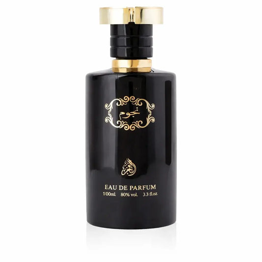 Najoom edp zwarte glazen parfumfles met gouden accenten en sierlijke arabische letters op het etiket