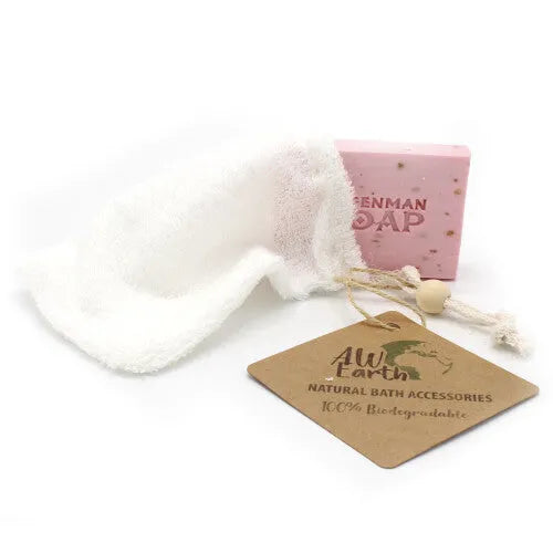 Witte fluffy bad loofah met natuurlijk zeep tasje en zeepbar - tasje - bamboo