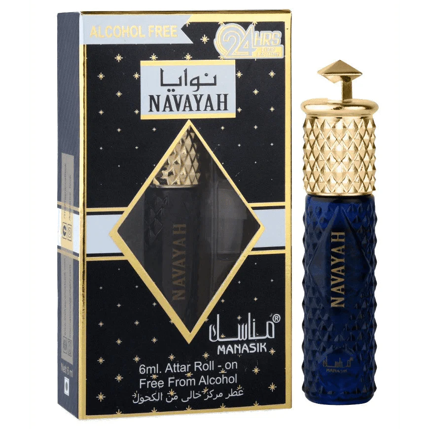 Navy blue en gouden roll-on parfumflesje met Arabische tekst Navayah en decoratieve verpakking