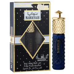 Navy blue en gouden roll-on parfumflesje met Arabische tekst Navayah en decoratieve verpakking