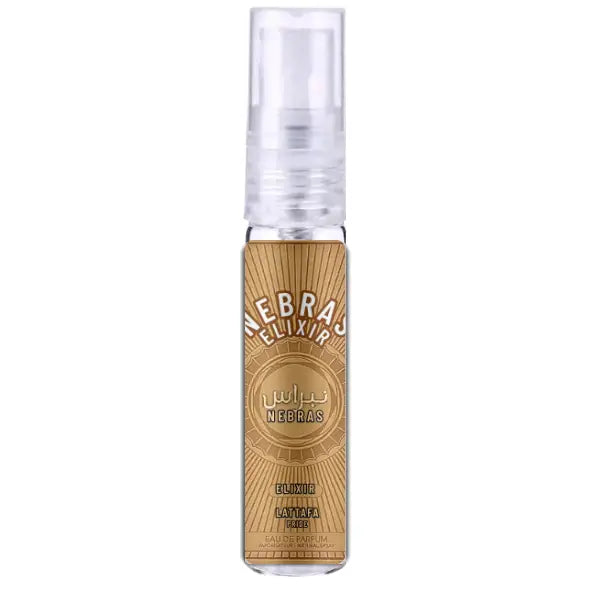 Een strak transparant spuitflesje met een goudkleurig label van nebras elixir en een gedetailleerd zonnestraalontwerp