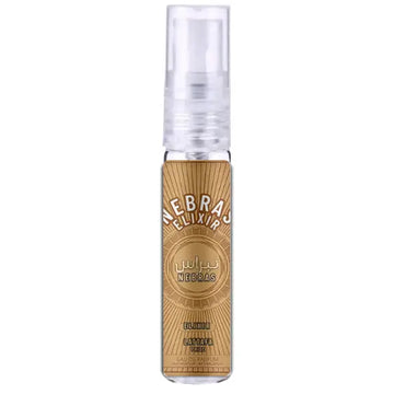 Een strak transparant spuitflesje met een goudkleurig label van nebras elixir en een gedetailleerd zonnestraalontwerp
