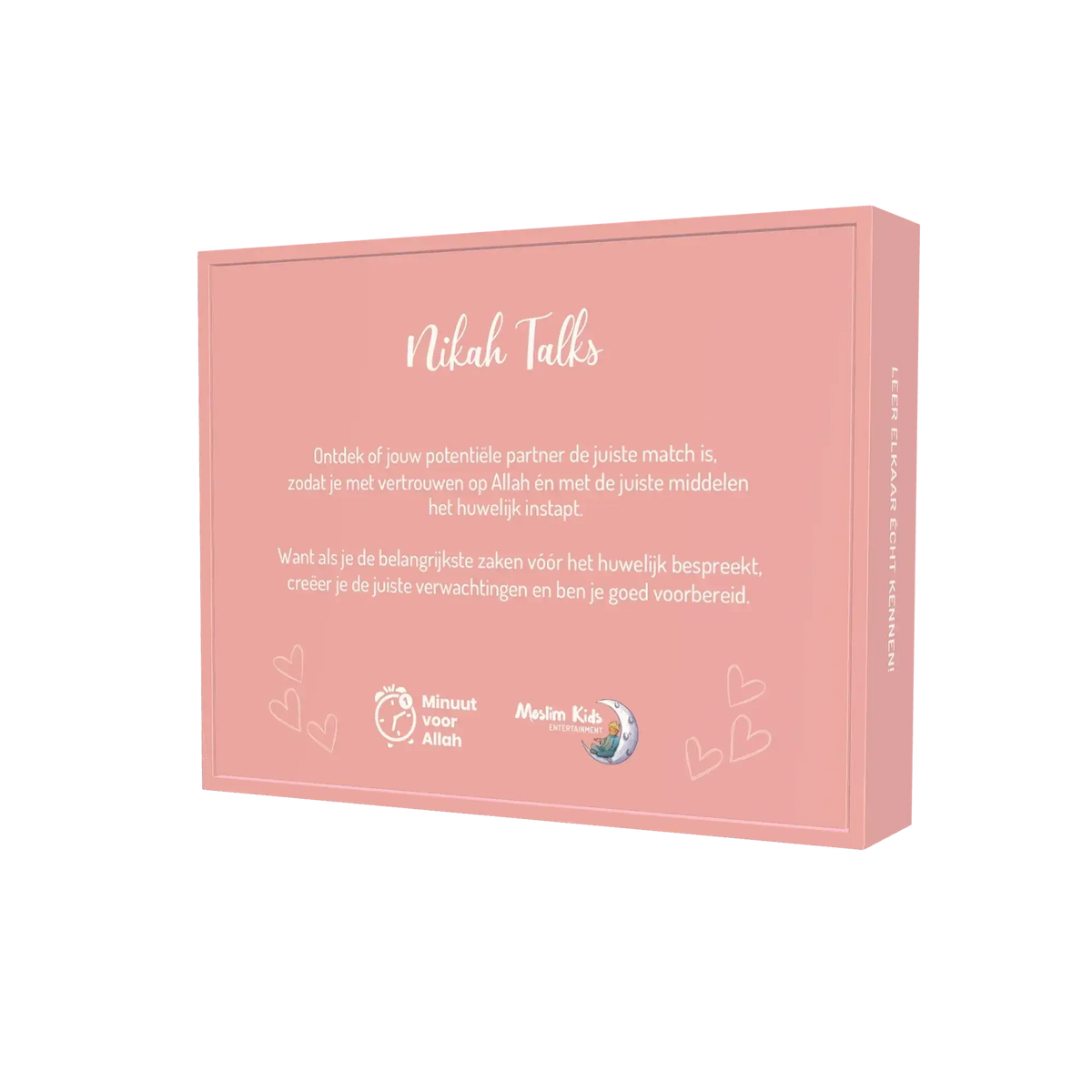 Roze rechthoekige doos nikah talks met witte sierlijke tekst en hartillustraties voor islamitische gesprekken