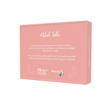 Roze rechthoekige doos nikah talks met witte sierlijke tekst en hartillustraties voor islamitische gesprekken