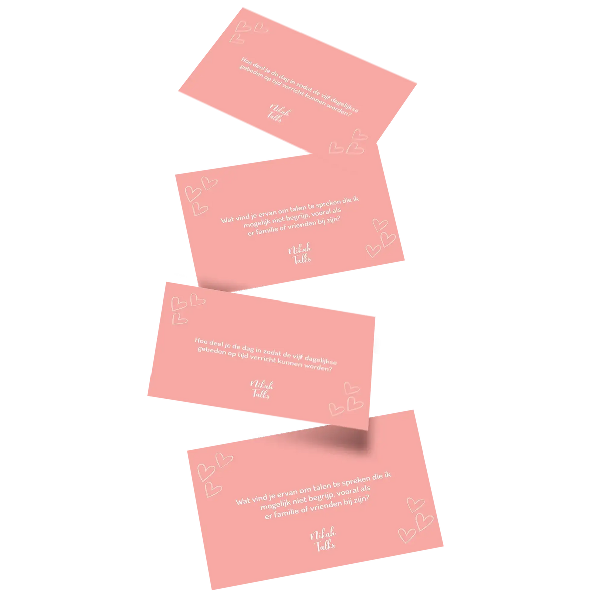 Roze rechthoekige kaarten met witte hartillustraties en minimalistische tekst voor nikah talks product