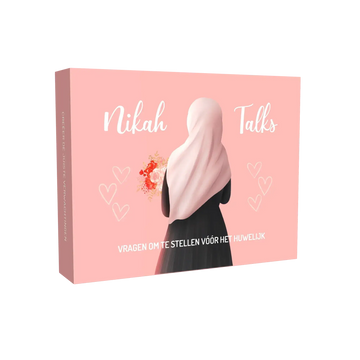 Roze boek nikah talks met een illustratie van een vrouw in een wit hijab die bloemen vasthoudt