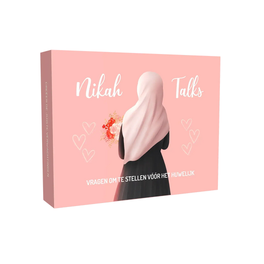 Roze boek nikah talks met een illustratie van een vrouw in een wit hijab die bloemen vasthoudt