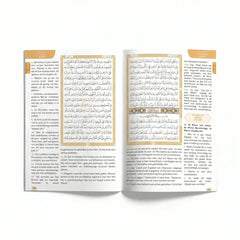 Open boek de nobele koran nederlandse vertaling met goudkleurige arabische letters en decoratieve randen op crèmekleurige pagina’s