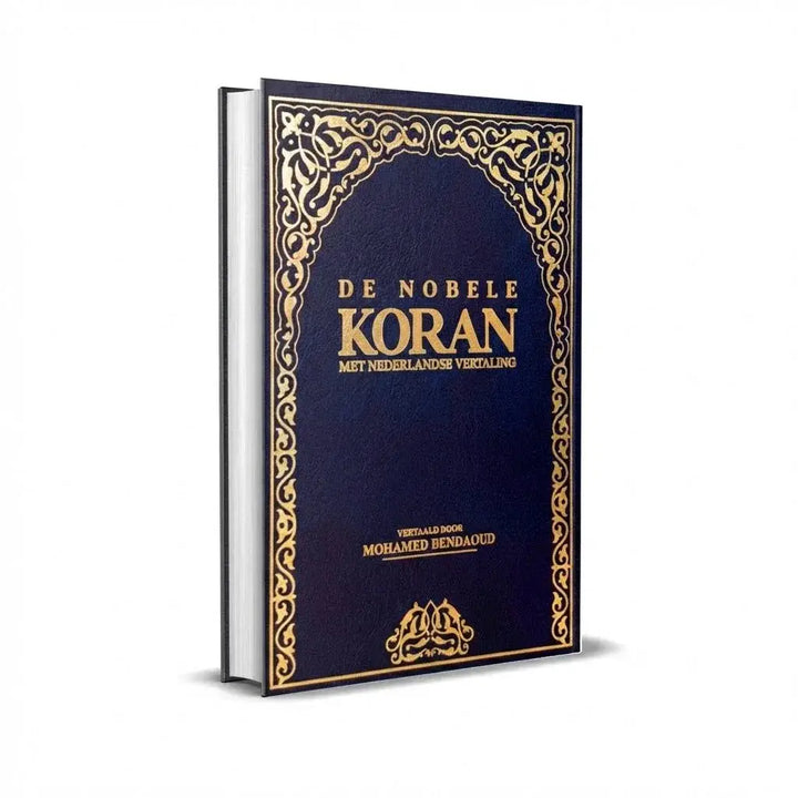 Diepblauw leren gebonden de nobele koran met goudkleurige reliëftekst en randen grote hardcover nederlandse vertaling