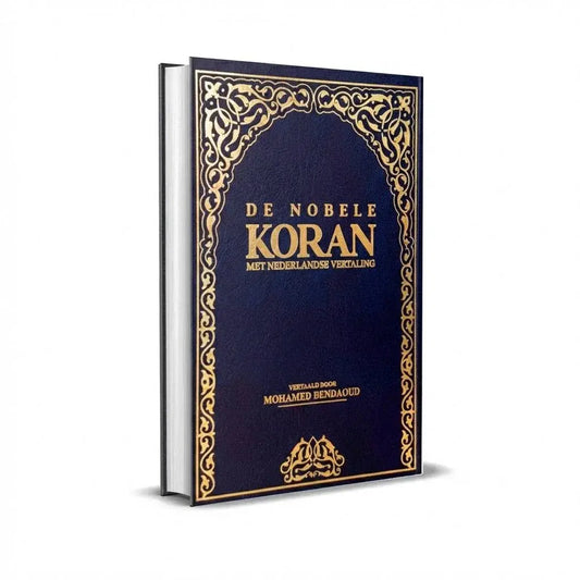 Diepblauw leren gebonden de nobele koran met goudkleurige reliëftekst en randen grote hardcover nederlandse vertaling