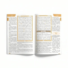 Open boek de nobele koran nederlandse vertaling met goudkleurig arabisch schrift en tweetalige tekst in dutch