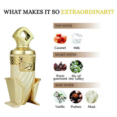 Gouden parfumflesje Noor met sierlijke details en top, hart en basisnoten van arabische parfum