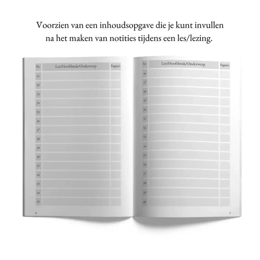 Minimalistisch wit notitieboek met grijze kopteksten en paginanummers voor les- of hoofdstuknotities leg kennis vast