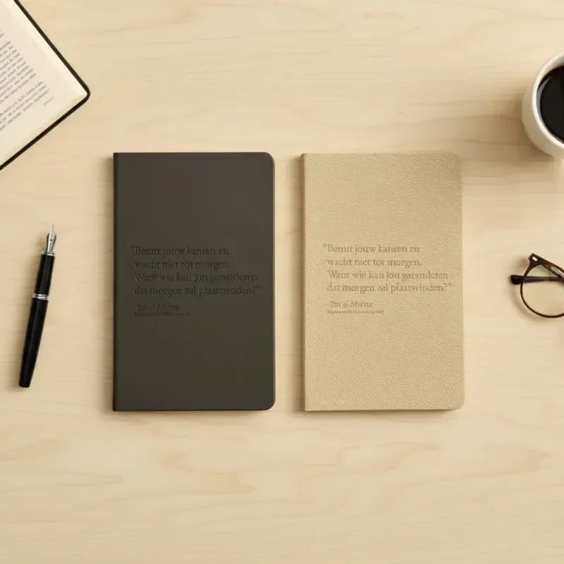 Twee minimalistische notitieboeken in donkergrijs en beige met gegraveerde nederlandse spreuken op de kaft