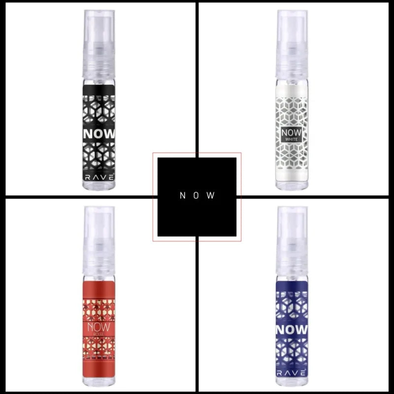 Vier sprayflessen van NOW merk in zwart, wit, rood en blauw, Now Sample Set