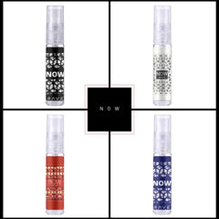 Vier sprayflessen van NOW merk in zwart, wit, rood en blauw, Now Sample Set