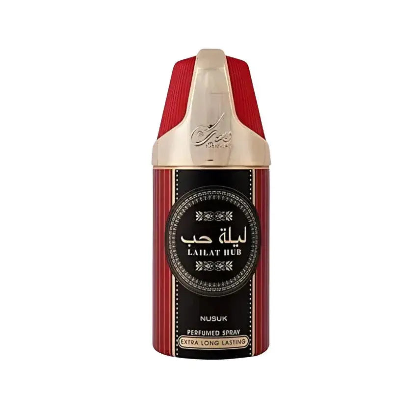 Rood en zwarte lailat hub nusuk geparfumeerde spray met gouden dop in nusuk deodorant lailat hub verpakking