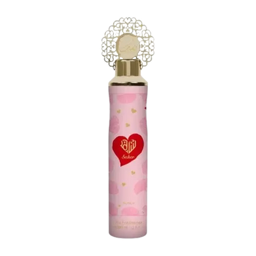 Roze nusuk luchtverfrisser saher 300 ml met gouden dop en wit kantachtig ornament met rood hartlogo