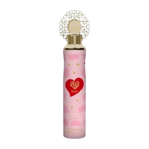 Roze nusuk luchtverfrisser saher 300 ml met gouden dop en wit kantachtig ornament met rood hartlogo