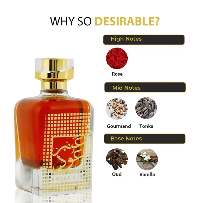 Amberkleurige Nusuk Parfum Amber Oud fles met bloem- en houtnoten voor een luxe geur