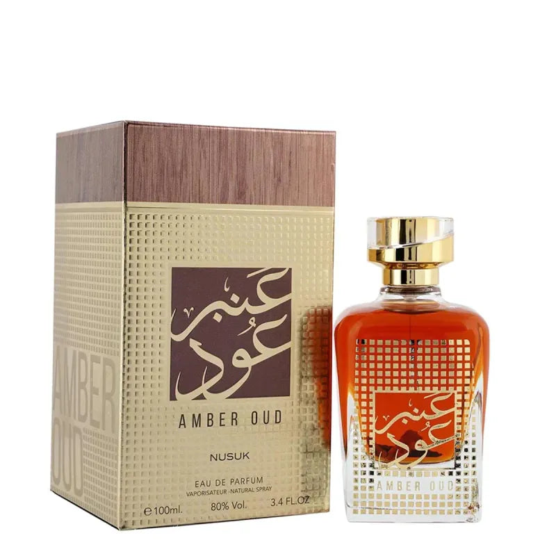 Amber gekleurde parfumfles en doos voor Nusuk Parfum Amber Oud