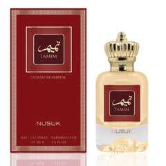 Elegante gouden en witte parfumfles met rode Tamim Nusuk label, Nusuk Tamim EDP 100ml