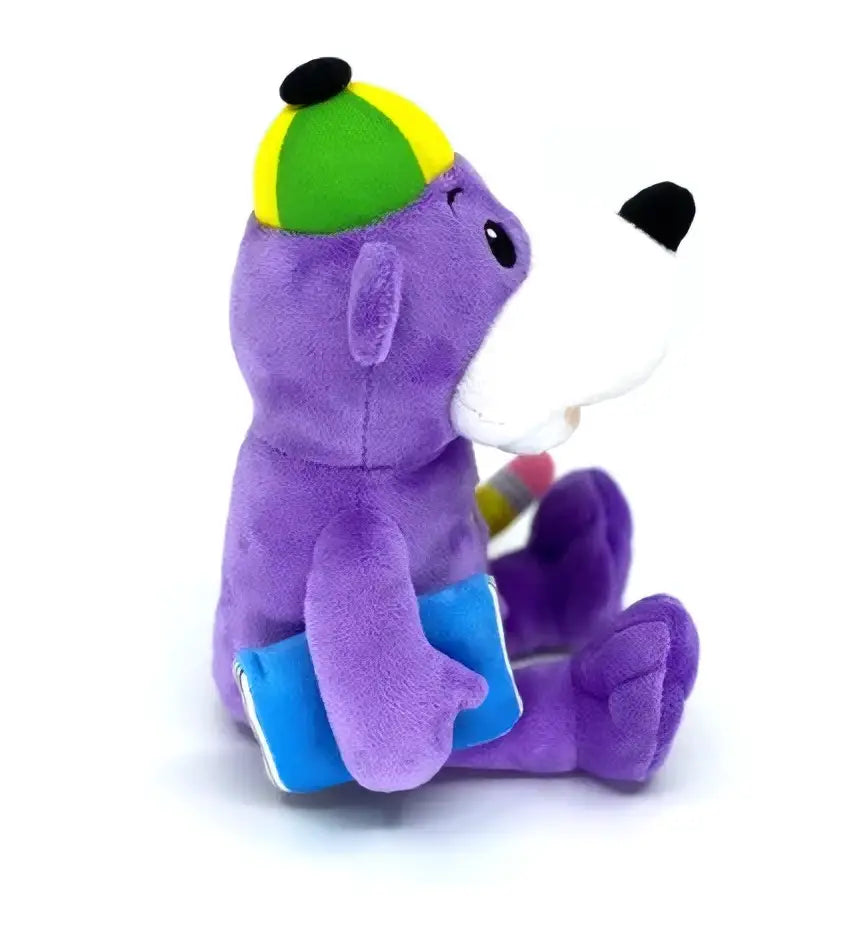 Paars knuffelbeer learn arabic with zaky speelgoed met groene en gele pet die blauwe boeken vasthoudt