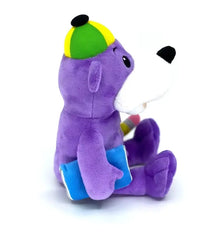Paars knuffelbeer learn arabic with zaky speelgoed met groene en gele pet die blauwe boeken vasthoudt