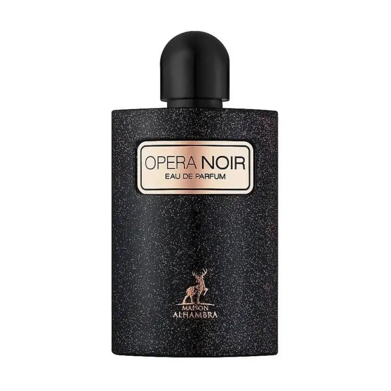 Zwart glitterend parfumflesje met label Opera Noir en gouden kangaroo logo