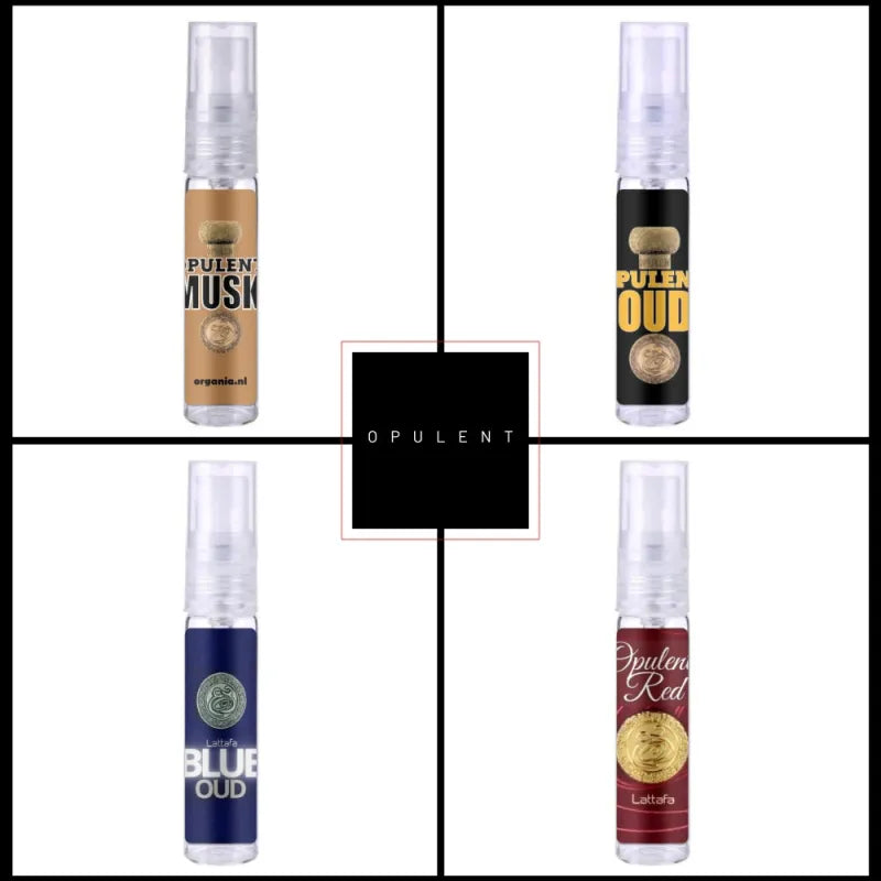 Vier geurflessen in een grid met zwart Opulent logo, Opulent Serie Sampleset 2ML