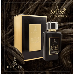 Zwarte en gouden parfumfles met Oud Aswad branding van Khalis